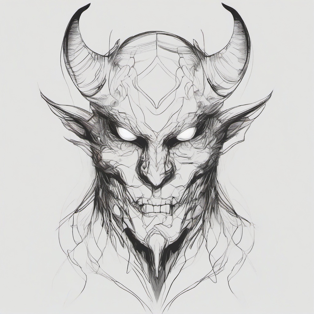 drawing of a demon with glowing eyes  minimal rough sketch scribbles,doodles,black and white