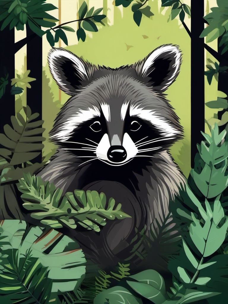 Raccoon Clipart in the Forest,Mischievous raccoon in a lush forest, symbolizing cleverness and adaptability. 