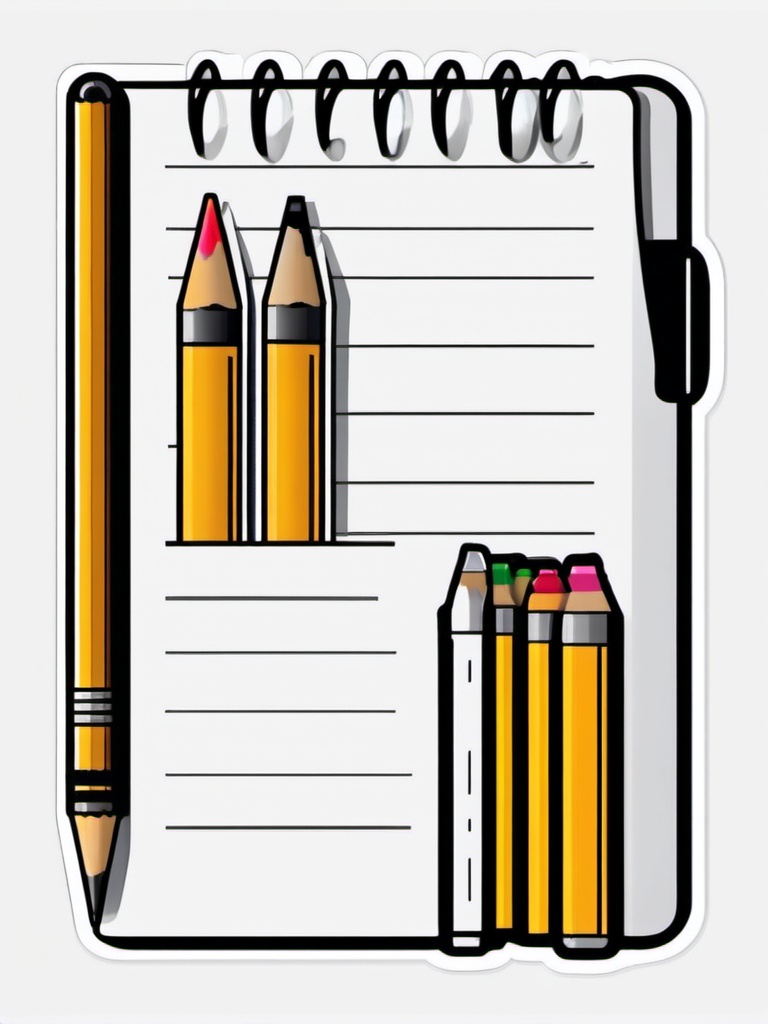 Pencil and Notebook with Pen Sticker - Pencil next to a notebook with a pen, ,vector color sticker art,minimal