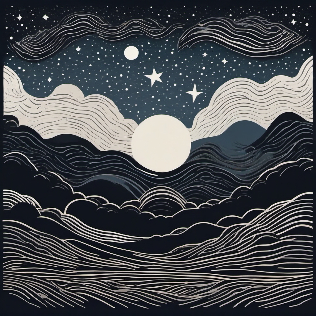 Linocut friendly, minimalistic, night sky with crescent moon,  celestial bodies, simplified, nordic, scandinavian style, muted colors, rolling clouds, viking symbols 
