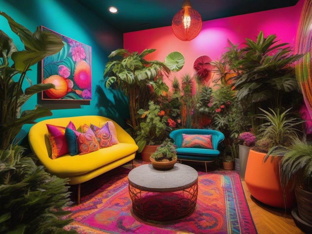 The garden room showcases psychedelic interior design with bright colors, fun decor, and a variety of plants that bring vibrancy and energy to indoor gardening.  