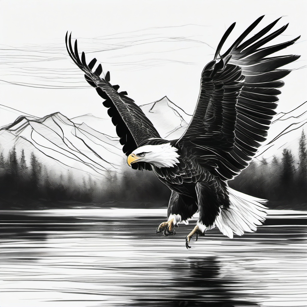 drawing of an eagle flying over a lake  minimal rough sketch scribbles,doodles,black and white