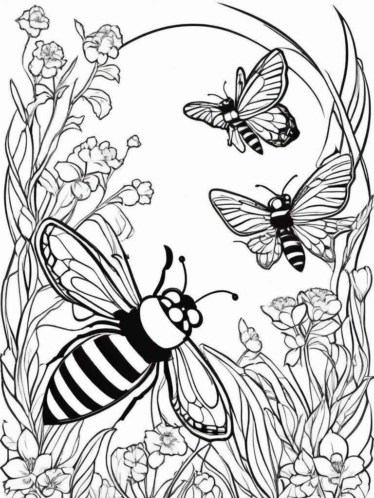 Bumblebee Coloring Pages - Bee and butterfly flying together  simple coloring pages