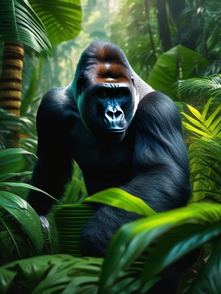 Cute Gorilla Navigating in a Tropical Rainforest 8k, cinematic, vivid colors