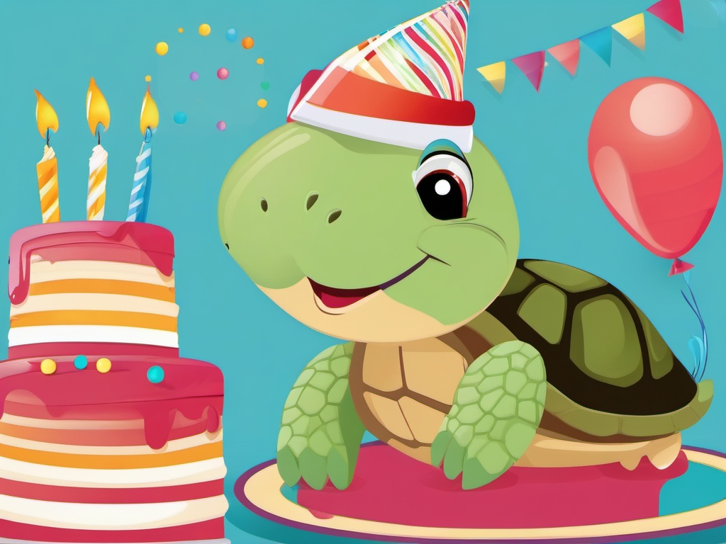 Birthday Turtle - Wearing a festive party hat, the birthday turtle joyfully joins the celebration with a shell-shaped cake.  vector art, clipart, minimal