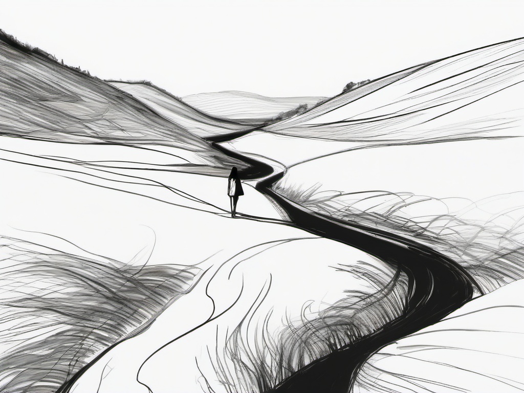 drawing of a woman in a serene landscape  minimal rough sketch scribbles,doodles,black and white