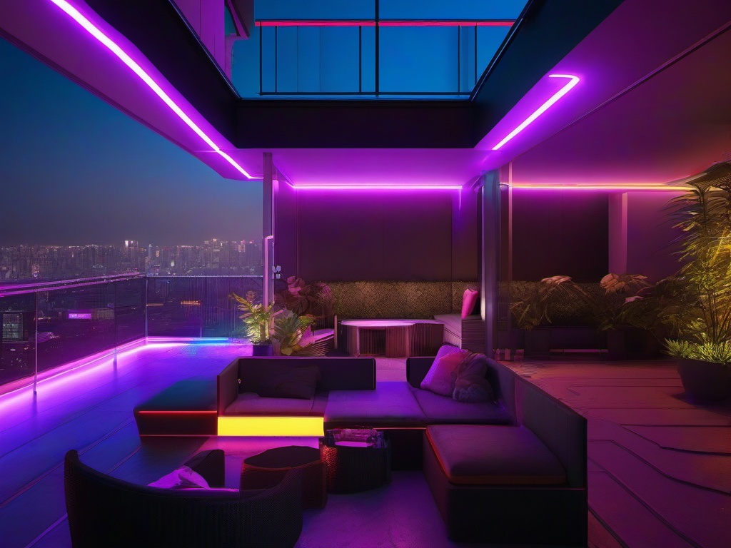 The balcony showcases cyberpunk interior design with modern outdoor furniture, neon decor, and dynamic lighting that creates a lively space for relaxation and gatherings.  