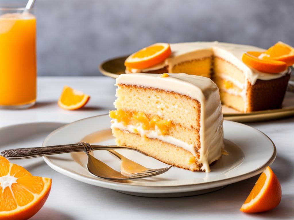 orange creamsicle cake with an orange zest glaze, devoured at a retro soda fountain. 