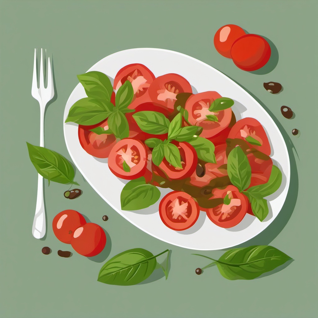 Tomato and Basil Salad Clipart - A tomato and basil salad drizzled with balsamic.  color vector clipart, minimal style