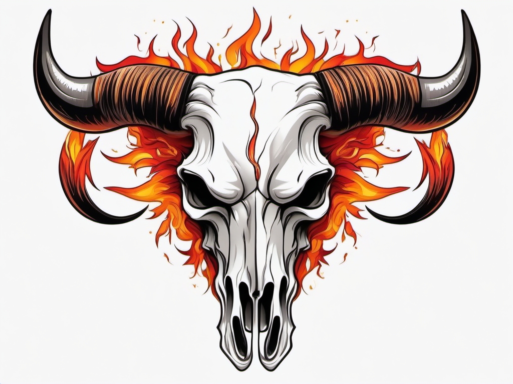 Abstract bull skull flames ink. Fiery passion of the untamed spirit.  color tattoo design, white background