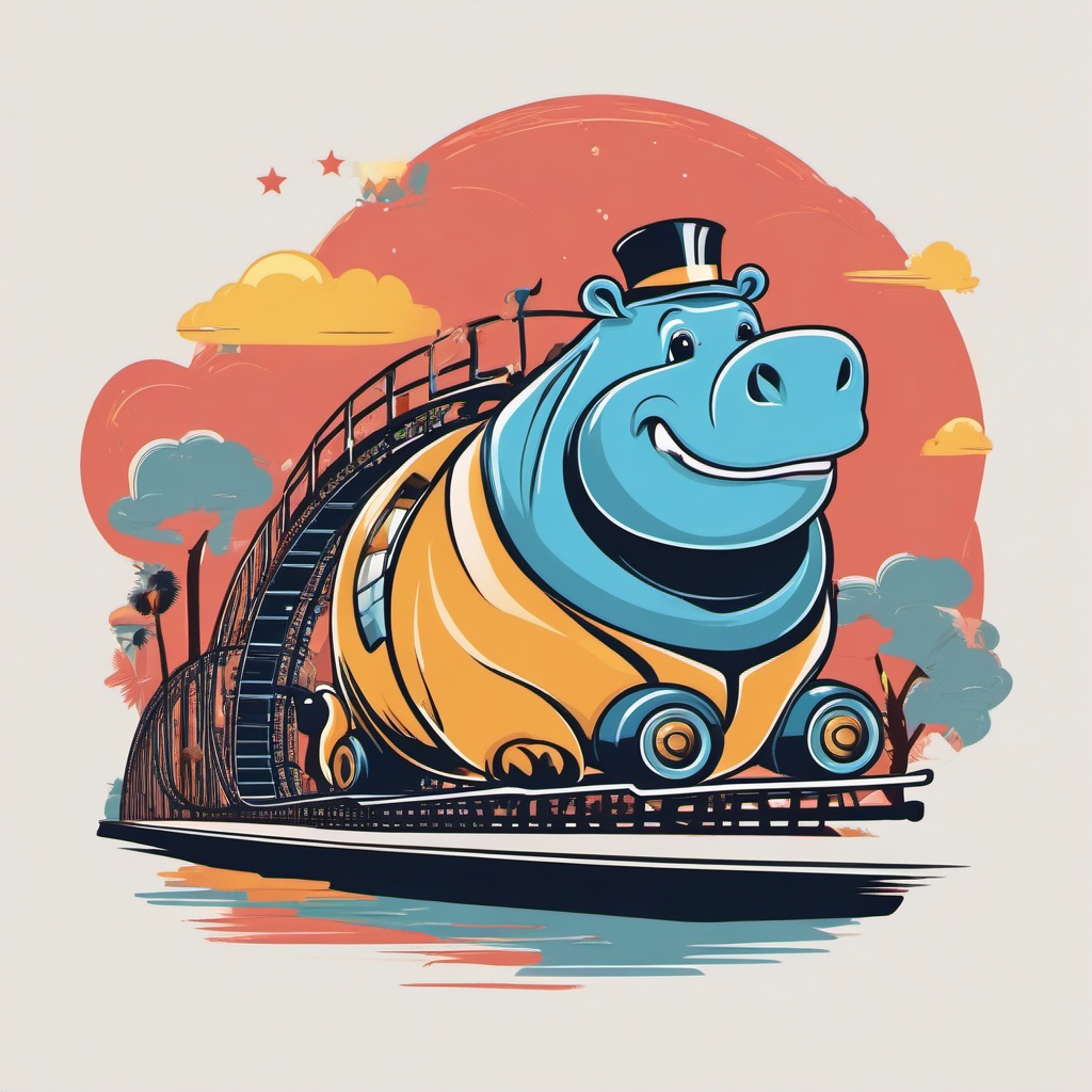 Happy Hippo - Illustrate a hippo riding a roller coaster in an amusement park. ,t shirt vector design