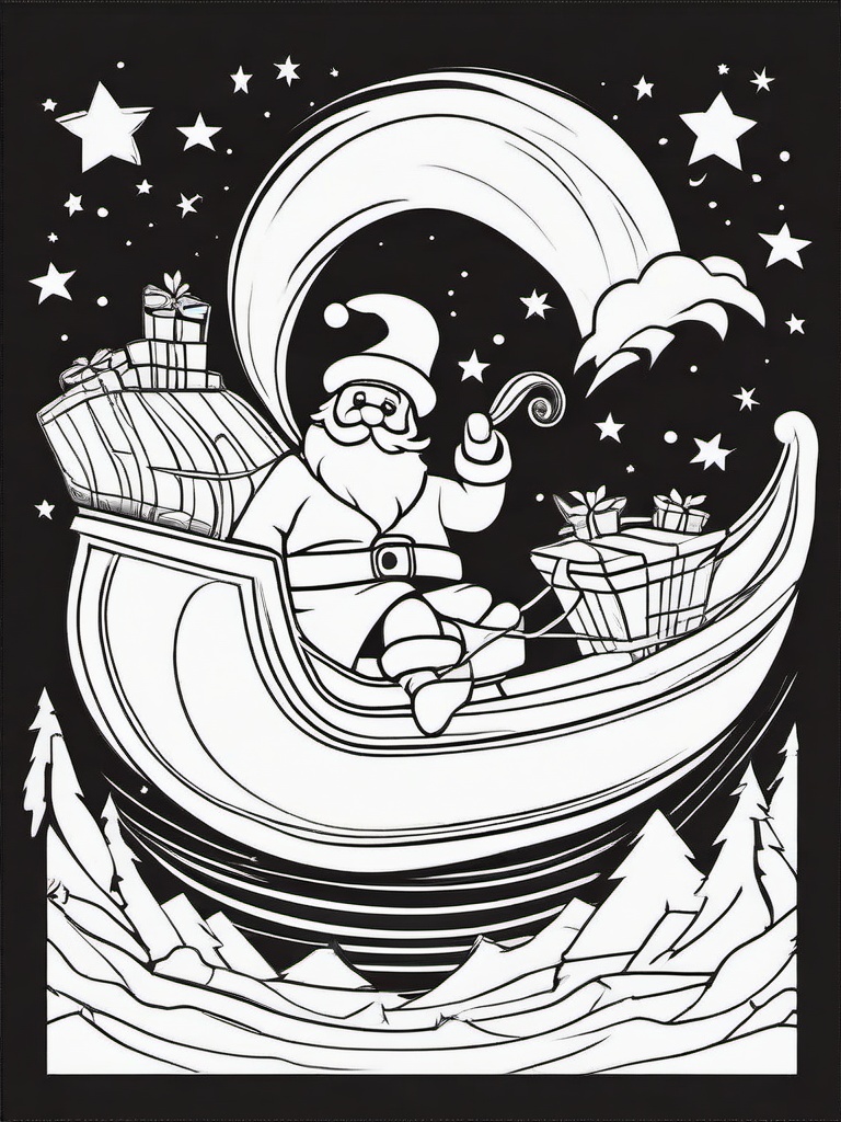 Santa in Sleigh Coloring Pages - Santa Flying Through the Night Sky  minimal black outline printable sheet, coloring page