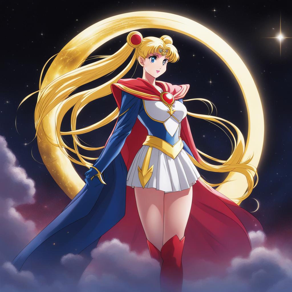 sailor moon transforms into her superheroic form beneath the glow of a crescent moon. 