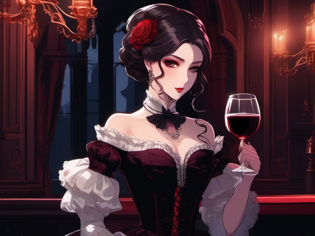 Elegant vampire character, dressed in Victorian attire, elegantly sipping blood-red wine in a dimly lit Gothic castle.  front facing ,centered portrait shot, cute anime color style, pfp, full face visible