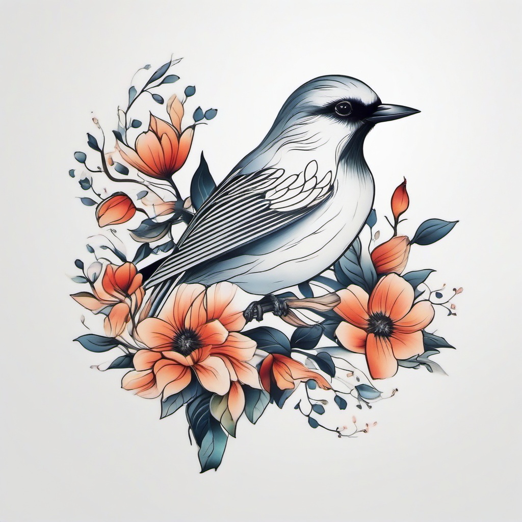 Bird Flower Tattoo - Tattoo featuring both bird and flower motifs.  simple color tattoo,minimalist,white background