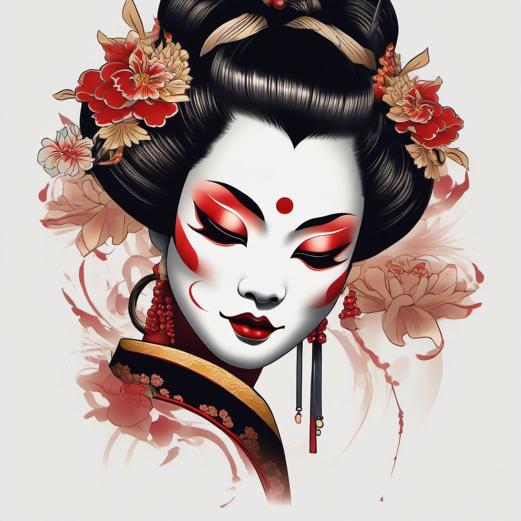 Geisha Hannya Mask Tattoo Design-Creative and artistic tattoo design featuring a geisha with a Hannya mask, showcasing traditional and symbolic elements.  simple color tattoo,white background