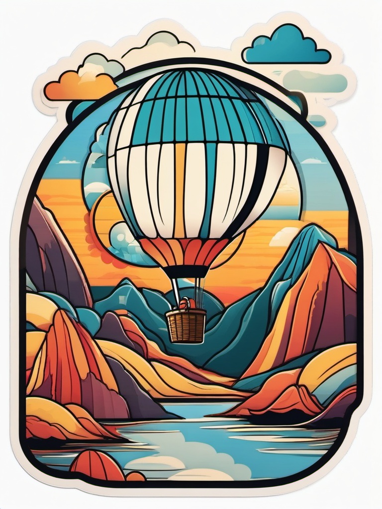 Penguin in Hot Air Balloon Sticker - A penguin soaring in a hot air balloon over scenic landscapes. ,vector color sticker art,minimal