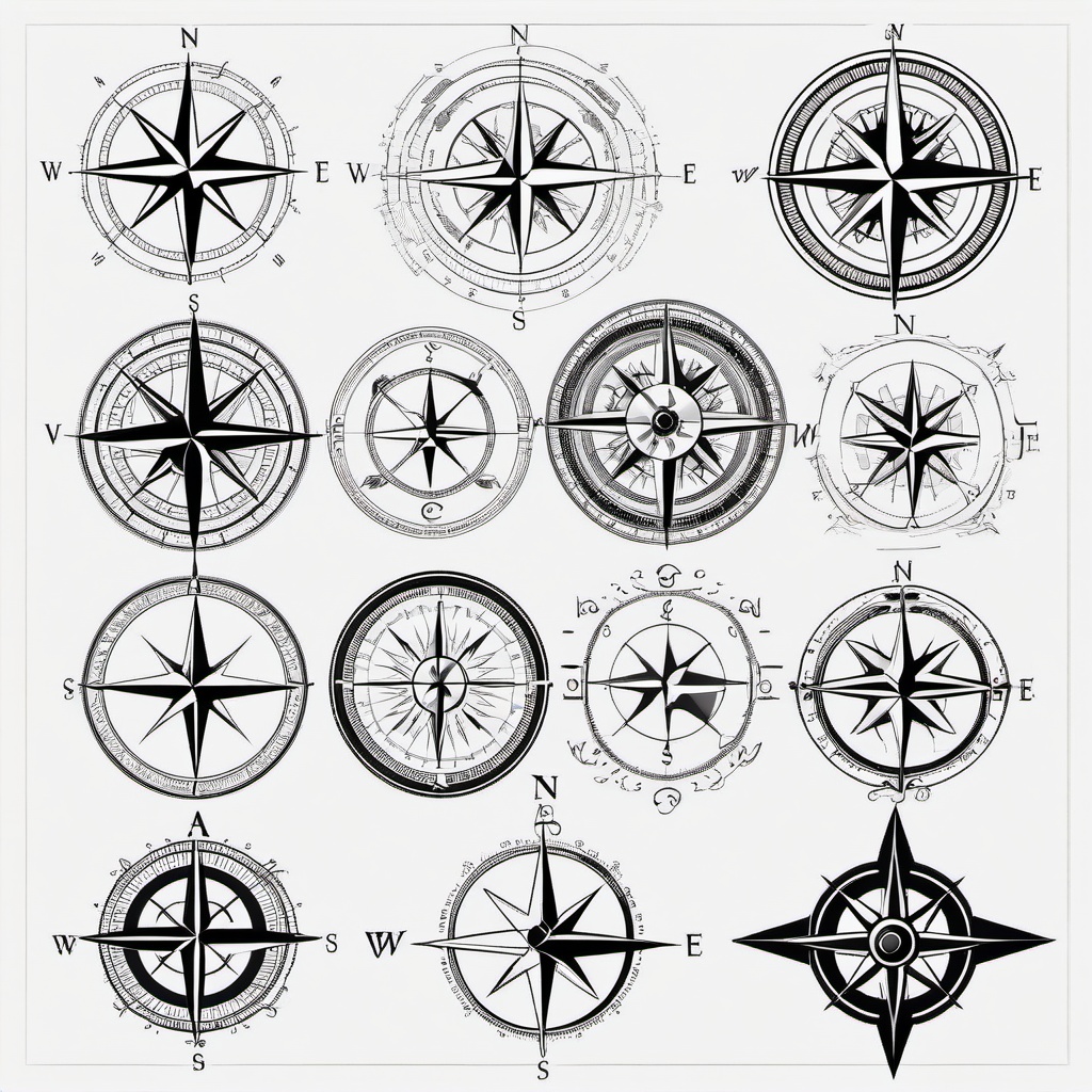 Compass Design for Tattoo - Various design ideas for compass tattoos.  simple vector tattoo,minimalist,white background