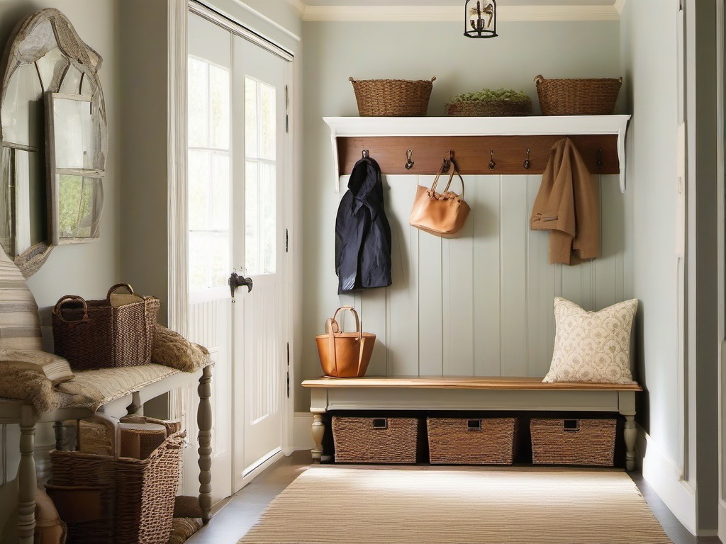 French Country mudroom highlights vintage furniture, soft colors, and charming accents that create a quaint and inviting atmosphere for entry.  