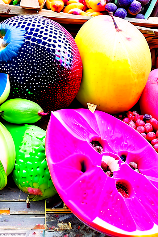 tropical fruit market, exploring exotic fruits like dragon fruit, passionfruit, and papaya. 