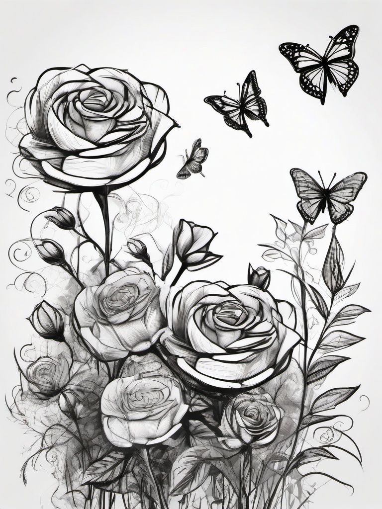 drawing of roses and butterflies in a whimsical scene  minimal rough sketch scribbles,doodles,black and white