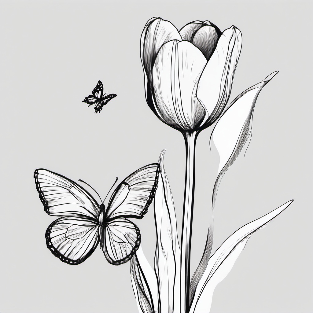 drawing of a tulip with a butterfly  minimal rough sketch scribbles,doodles,black and white