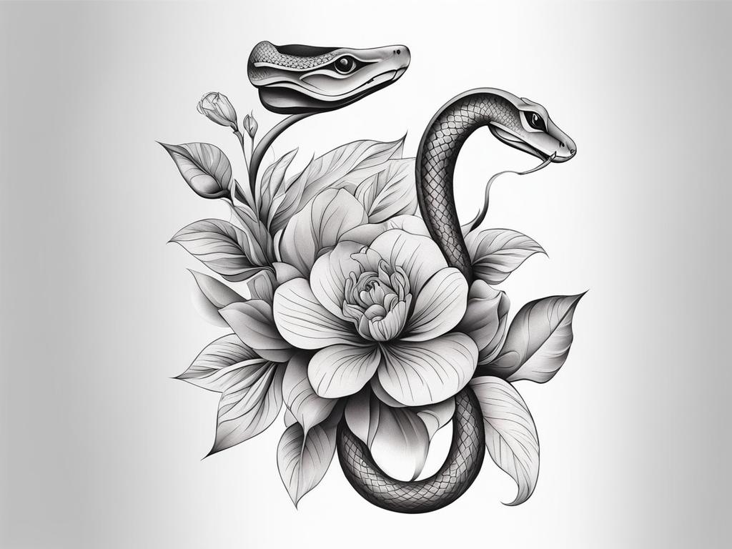 Snake flower tattoo, Creative tattoos combining the elegance of flowers with snake elements. colors, tattoo patterns, clean white background