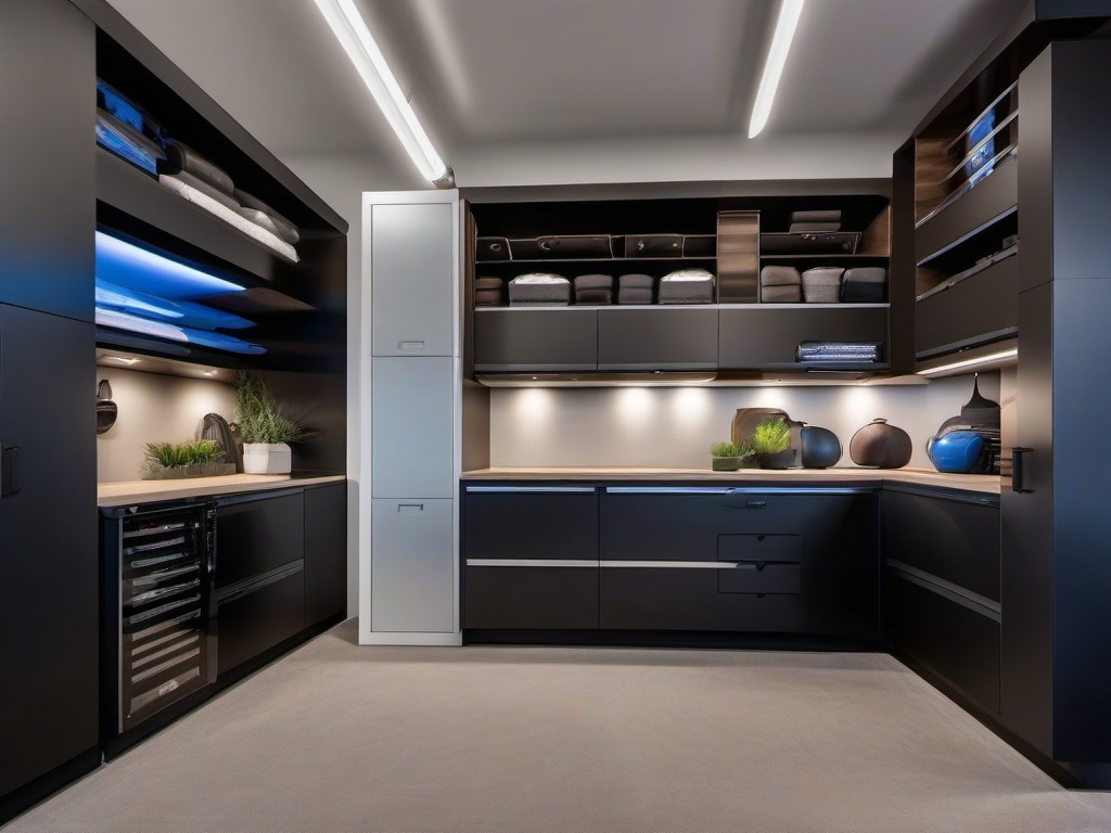 The garage features High Tech interior design with organized storage solutions, modern finishes, and high-tech features that make the space both functional and visually appealing.  