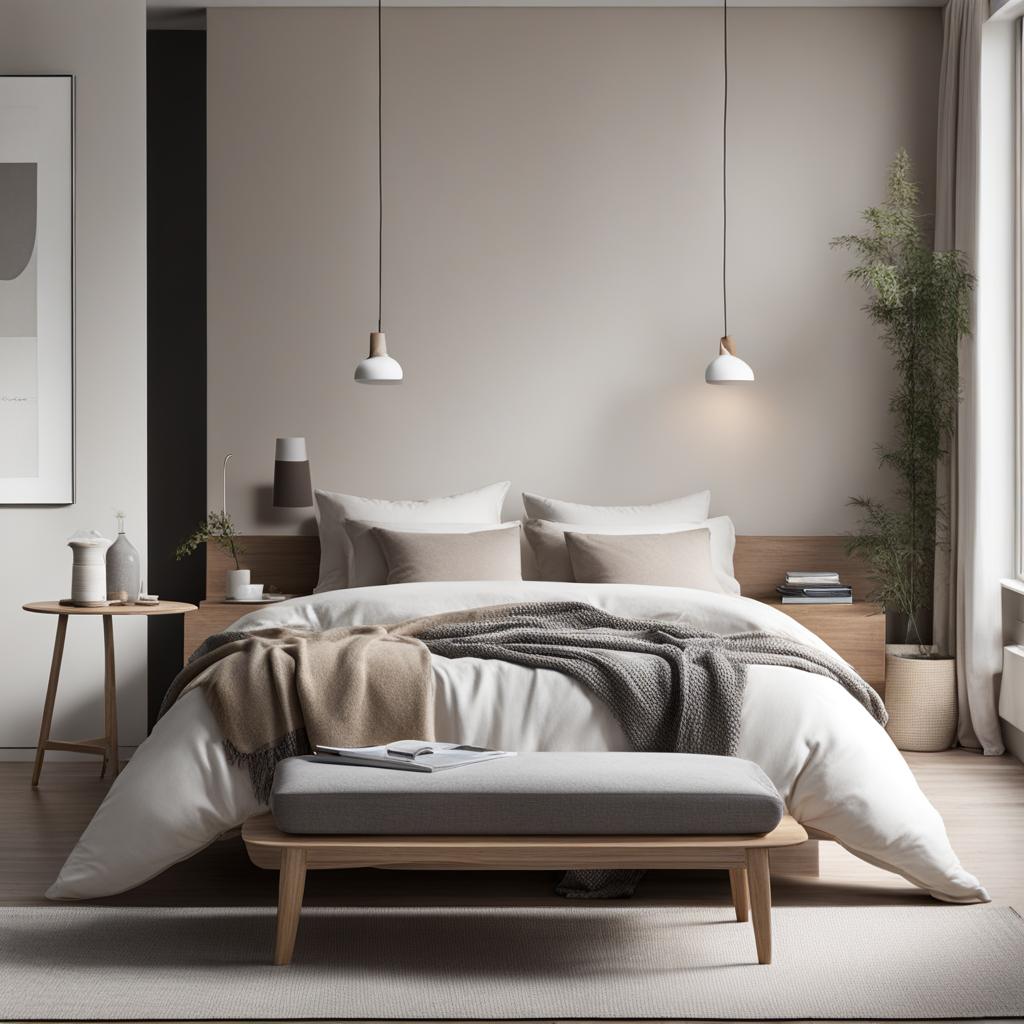 scandinavian-style bedroom with neutral colors and minimalistic decor. 