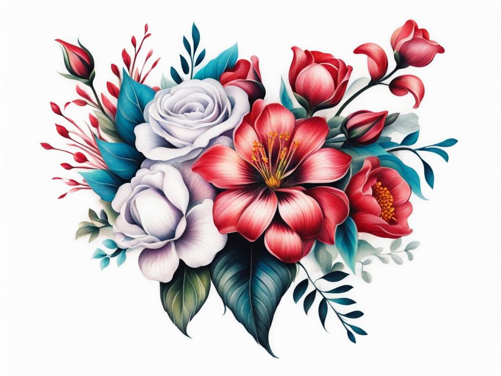 Bouquet flower tattoo, Elegant tattoos that showcase a bouquet of flowers.  vivid colors, white background, tattoo design