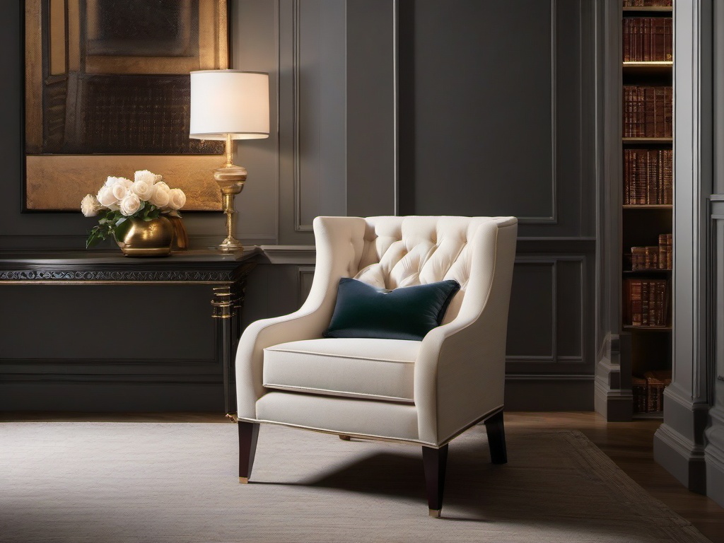 In the reading nook, Regency interior design highlights a plush chair, elegant decor, and tasteful lighting that create a perfect space for enjoying books and reflection.  