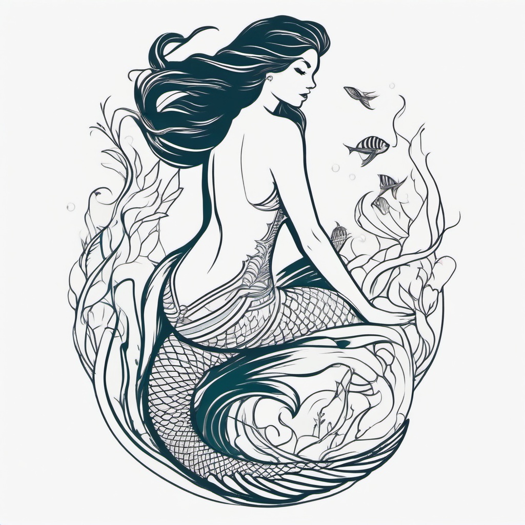 Minimal Mermaid Tattoo - Embrace simplicity with a minimalistic approach to a mermaid-themed tattoo.  simple vector color tattoo,minimal,white background