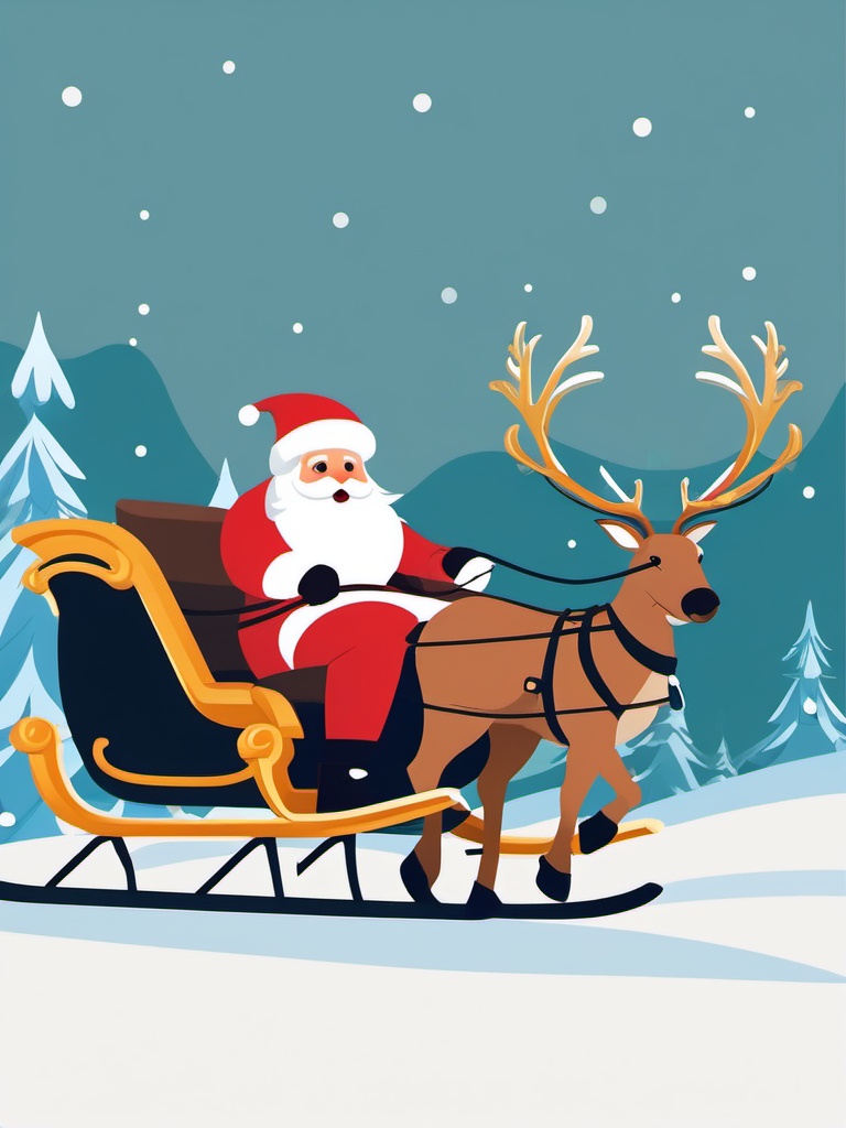 Santa's sleigh clipart, Santa Claus riding his sleigh pulled by reindeer.  simple, 2d flat