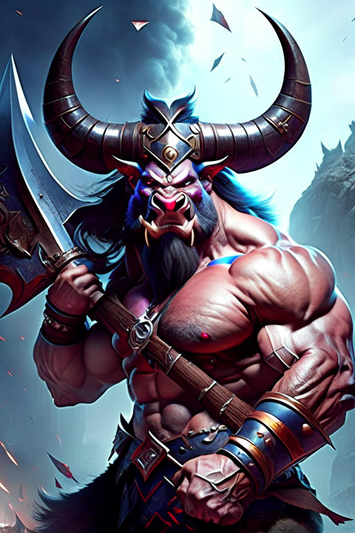 minotaur fighter champion, wielding a massive double-headed axe with deadly precision. 