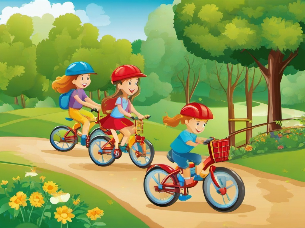 Bicycle clipart - children riding bicycles in the park  