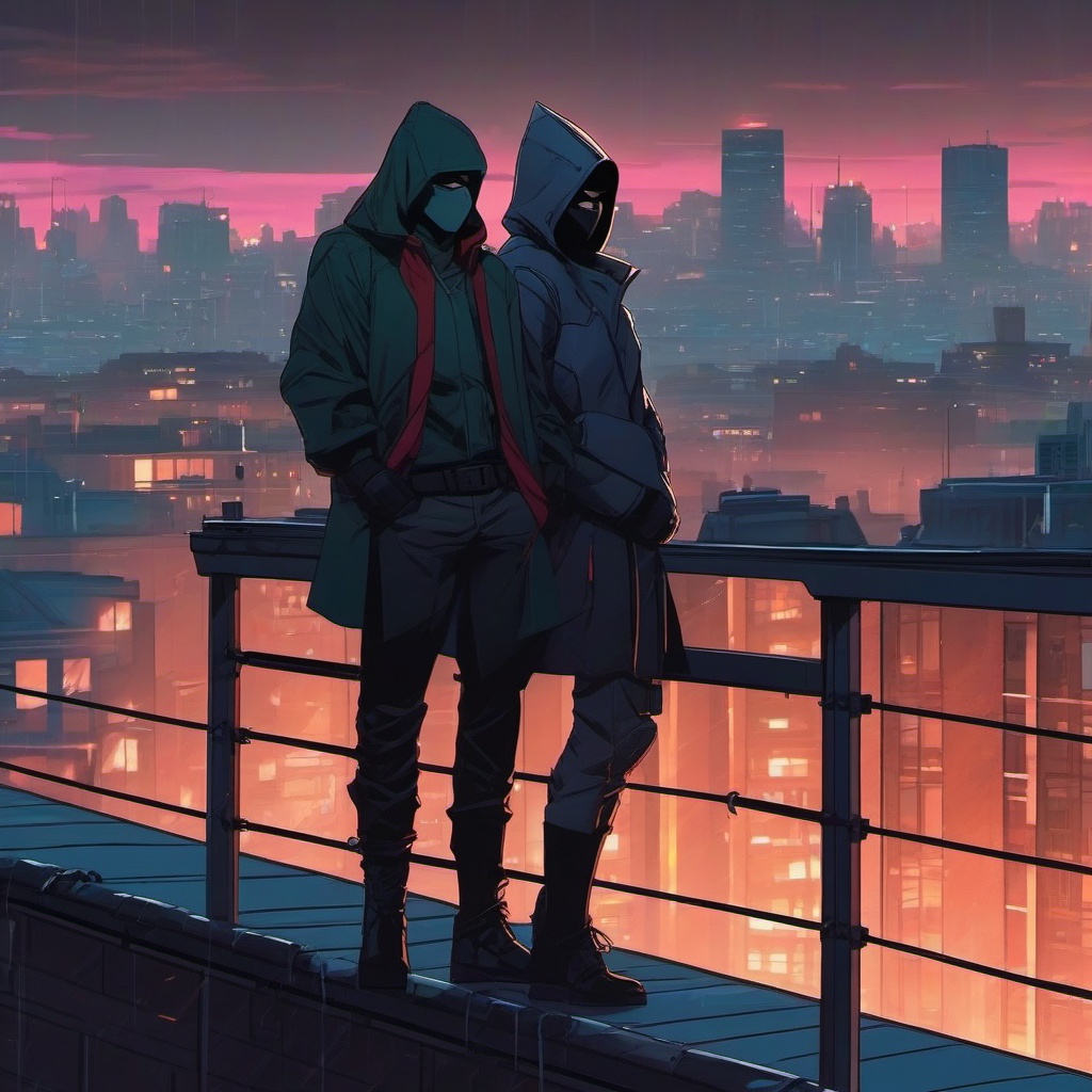 Enigmatic masked vigilante and masked vigilante companion, perched on a rainy city rooftop, ready to thwart villains and protect the innocent, as a matching pfp for friends. wide shot, cool anime color style