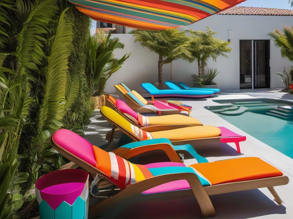 The pool area embraces Pop Art interior design with colorful loungers, fun decor, and a vibrant atmosphere that creates an exciting space for summer enjoyment.  