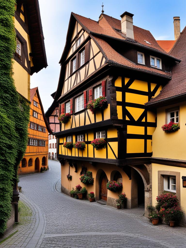 german fachwerk houses, with timbered facades, add charm to rothenburg ob der tauber, germany. 