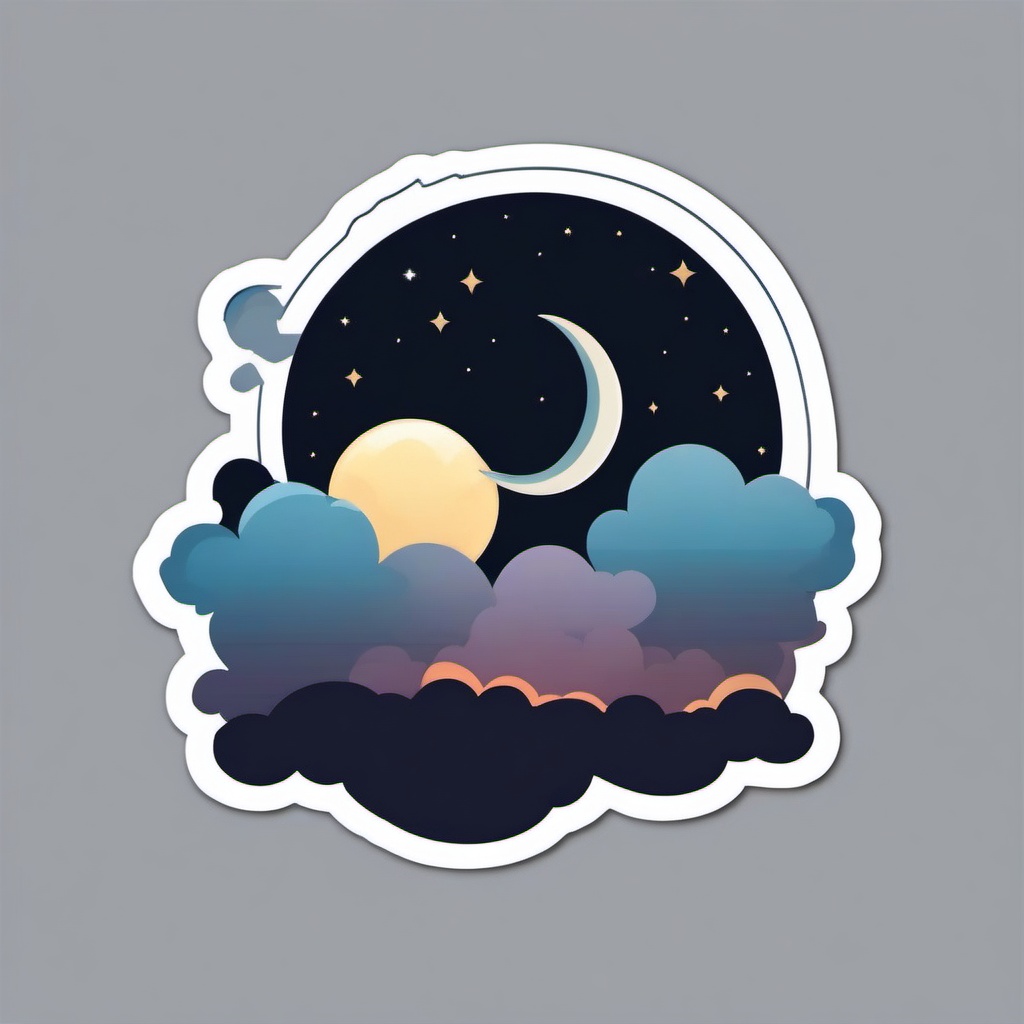 Moon and Clouds Sticker - Crescent moon amidst fluffy clouds, ,vector color sticker art,minimal