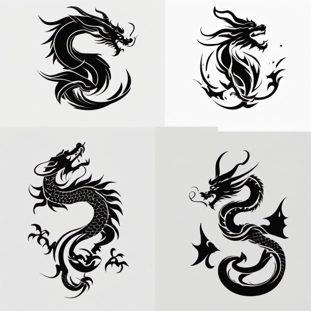 3 Chinese Symbol Tattoos - Tattoos featuring three Chinese symbols with possible dragon motifs.  simple color tattoo,minimalist,white background