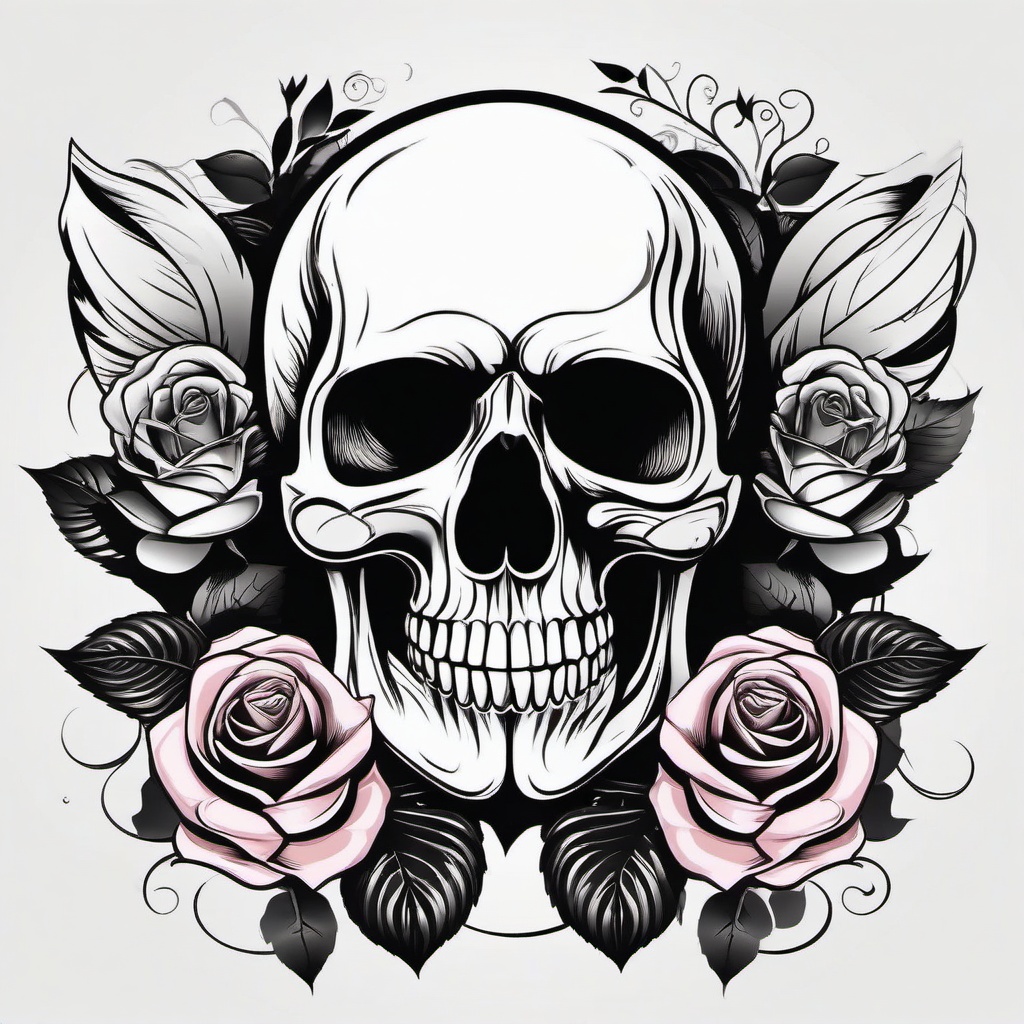 Black and White Skull and Rose Tattoo-Combination of edgy and elegant with a black and white skull and rose tattoo, symbolizing life and death.  simple vector color tattoo