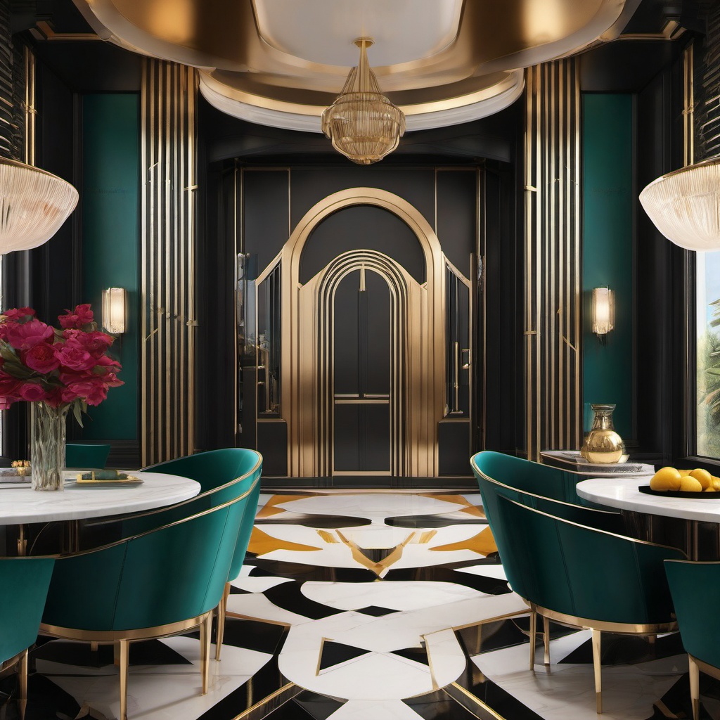 Art Deco Glamour - Incorporate the glamour and geometric style of art deco. , kitchen layout design ideas, multicoloured, photo realistic, hyper detail, high resolution,