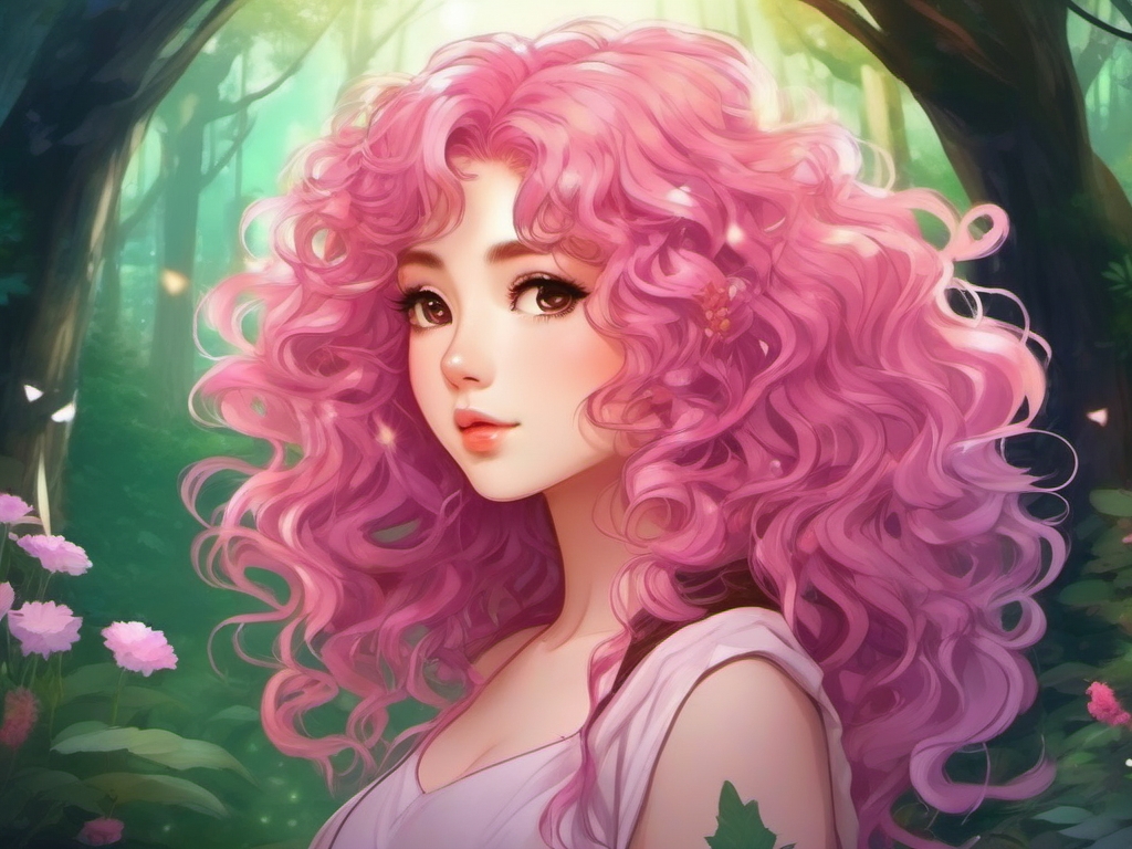 Girl with pink curly hair in a magical forest.  front facing, profile picture, anime style