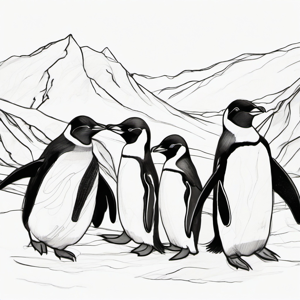 drawing of penguins on a winter adventure  minimal rough sketch scribbles,doodles,black and white