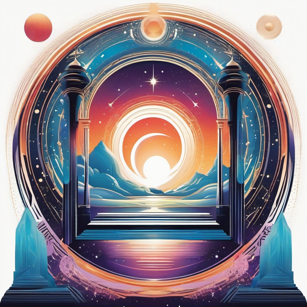 Celestial portal, an abstract depiction of an otherworldly gateway to the stars, inviting the viewer to dream of cosmic adventures.  colored tattoo style, minimalist, white background