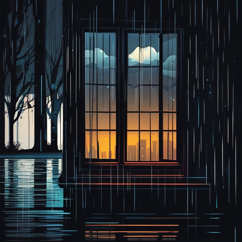 Rainy window at night sticker- Reflections in the dark, , sticker vector art, minimalist design