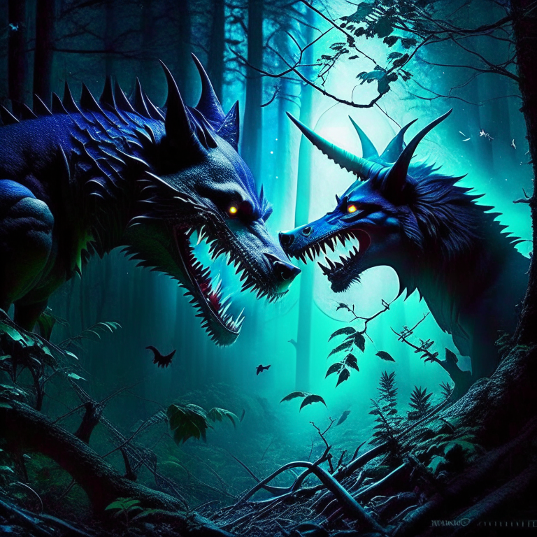 chupacabra vs jersey devil - cryptids clash in a moonlit forest, eerie screeches and howls echoing through the night. 