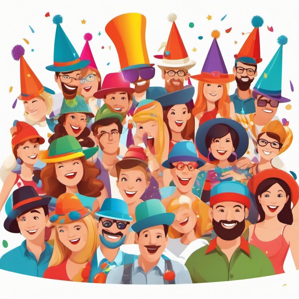 Cartoon party with people wearing silly hats clipart.  vector style illustration, white background