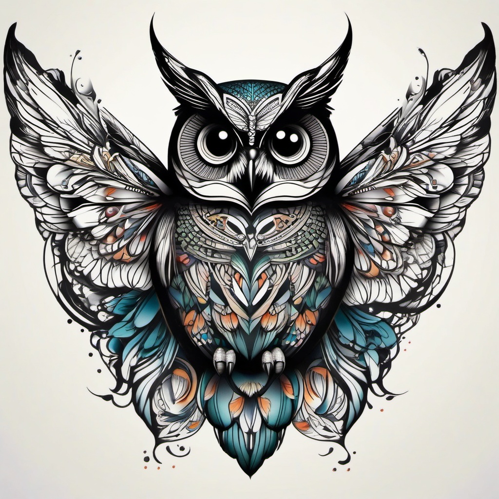 butterfly owl tattoo  simple color tattoo, minimal, white background