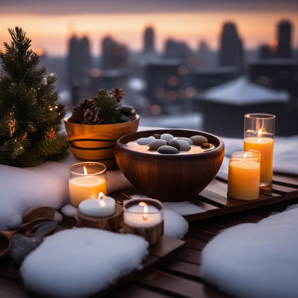 Winter Rooftop Spa  background picture, close shot professional product  photography, natural lighting, canon lens, shot on dslr 64 megapixels sharp focus